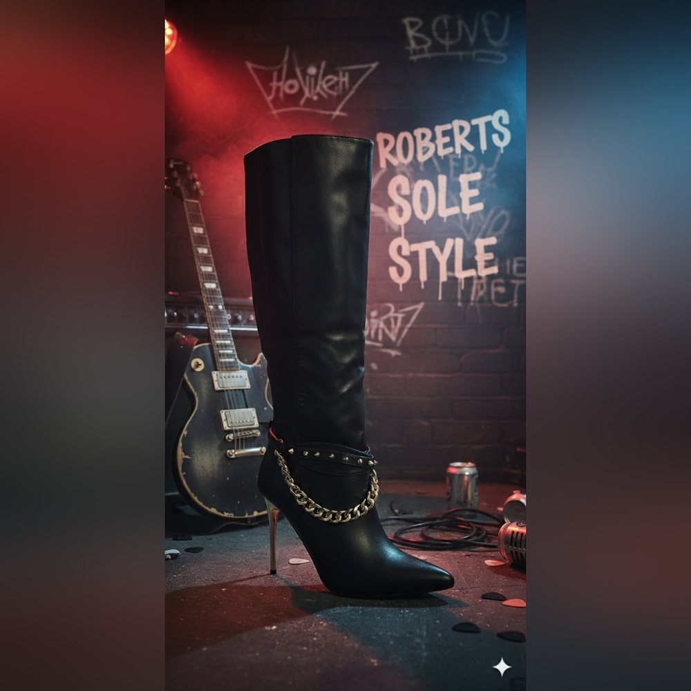Black Vegan Leather and Gold Chain Knee High Heels